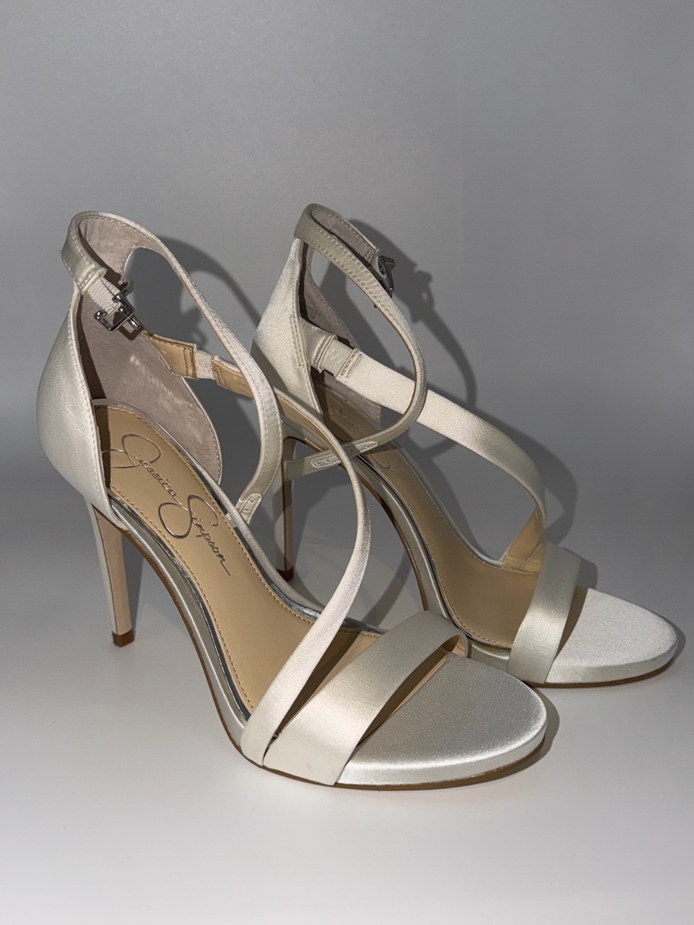 Jessica Simpson Pearl Satin Crisscross Ankle Strap Heels 8M